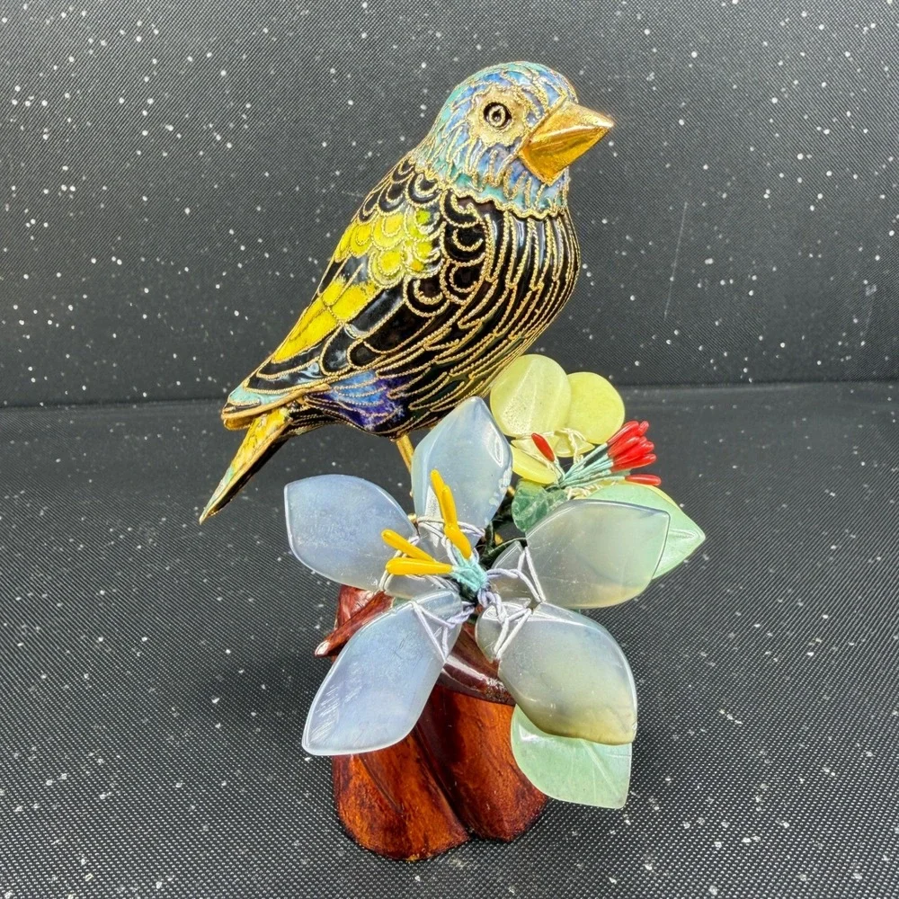 Cloisonne Enamel Bird Figurine Carved Wood Base Quartz Jade Stone Flowers 6in